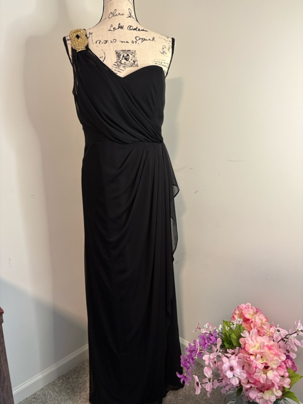 Xscape Black One-Shoulder Evening Gown with Gold Shoulder Accent - Worn Once